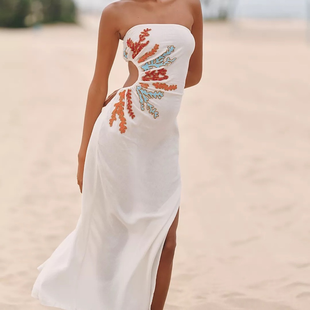 Strapless Anthropology White Strapless Dress with Colorful Embroidery,Size MP